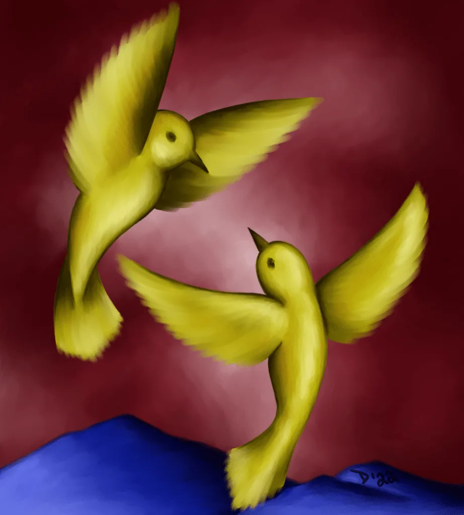 yellow birds red sky blue mountains expressionist expressionism digital art 