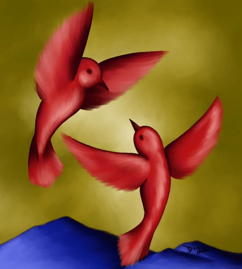 red birds yellow sky blue mountains digital art expressionist expressionism
