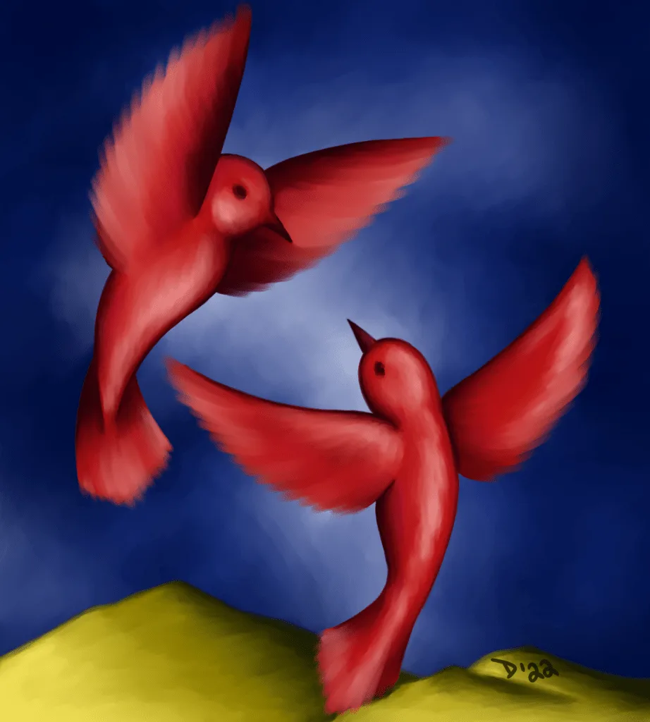 red birds blue sky yellow mountains digital art expressionism expressionist