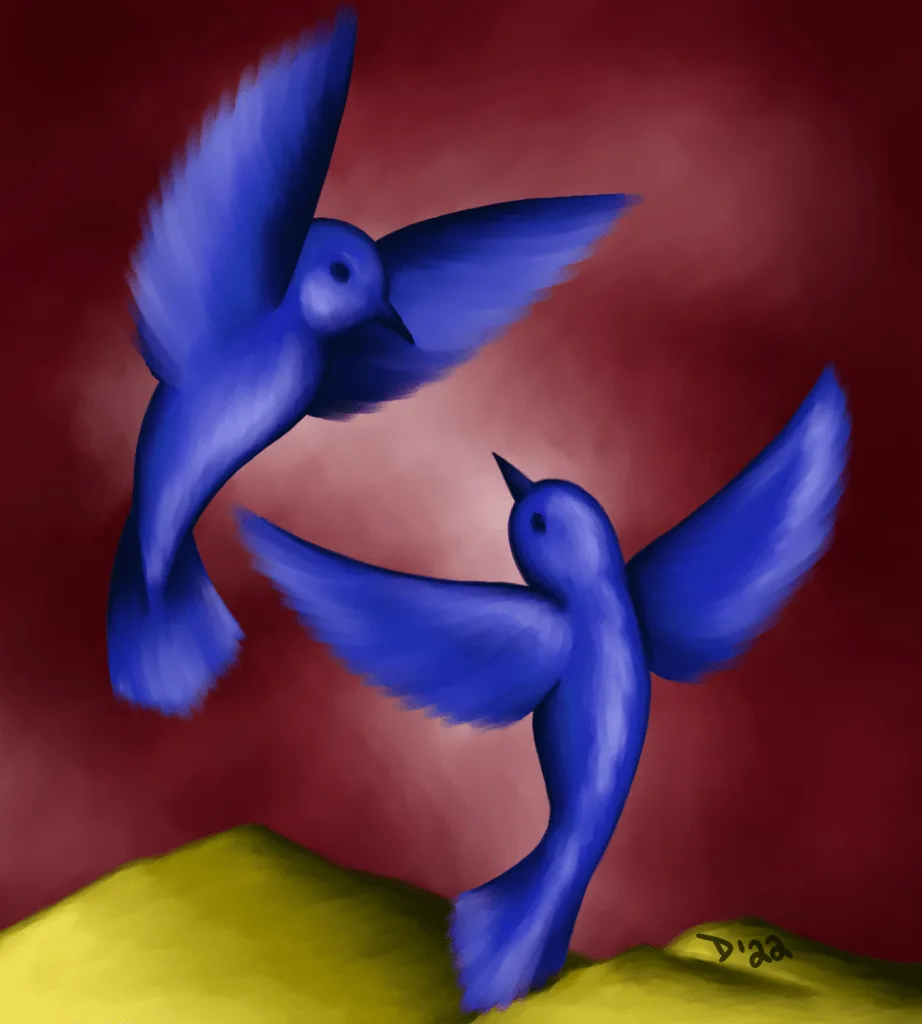 blue birds red sky yellow mountains expressionism expressionist digital art 