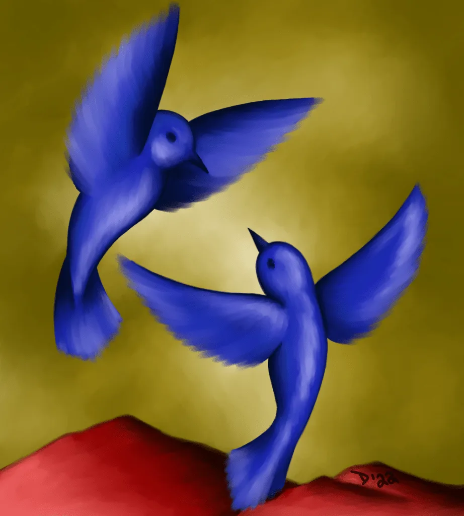 blue birds yellow sky red mountains expressionism expressionist digital art 