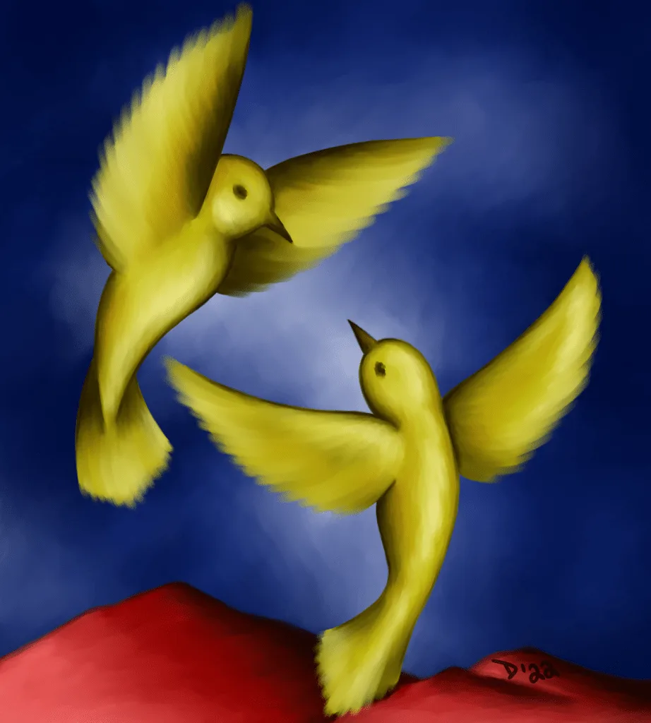 yellow birds blue sky red mountains expressionist expressionism digital art 