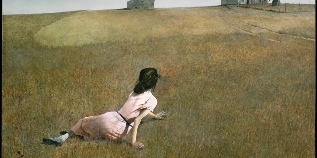 christina's world by andrew wyeth. some say this piece is inspirational, some call it a sad painting.